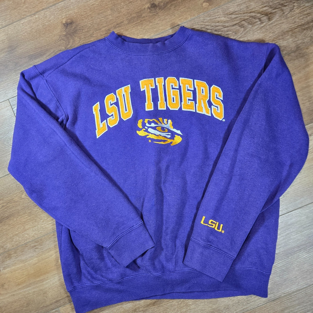 Vintage LSU Tigers Fleece Lined Sweatshirt L Purple Embroidered NCAA Pullover